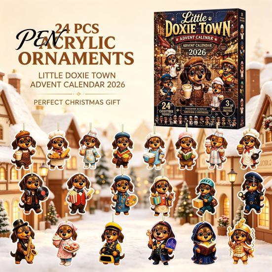 Christmas Tree Hanging Ornaments 2026 Dachshund Advent Calendar, 24 Day Countdown Box with 2D Cute Acrylic Pendant Decorations Ornaments, Festive