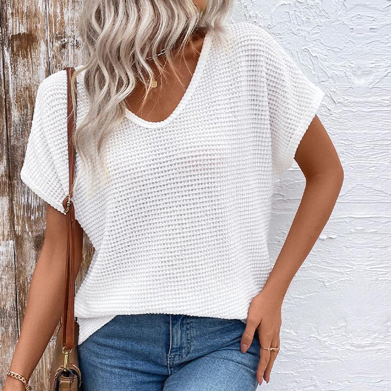 2025 Summer New Women's White V-Neck Short Sleeve Hollow Casual T-Shirt
