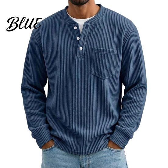 Versatile Ribbed Cuff Pullover Men Corduroy Shirt, Long Sleeve Button Collar with Chest Pocket, Layering Shirts for Loose Fit Textured Sweatshirt Fall