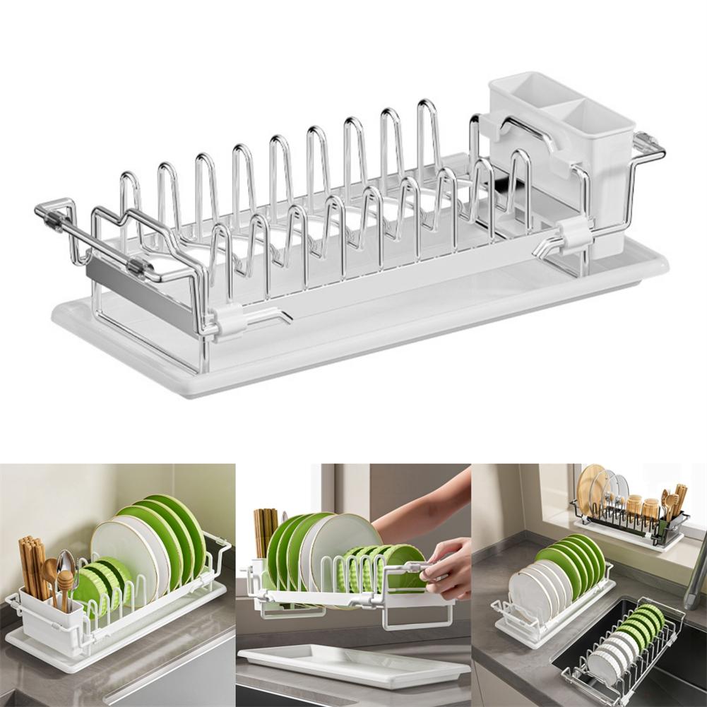 Space Efficient Expandable For Kitchen Dish Drying Rack with Pot Lid Holder and Cutlery Compartments for Sink Counter