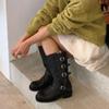 2025 New Autumn Round Head Retro Belt Buckle Boots Adjustable Thick Legs Simple Thick Heel Medium Tube Knight Boots