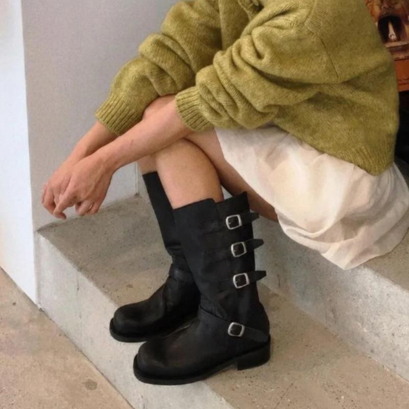 2025 New Autumn Round Head Retro Belt Buckle Boots Adjustable Thick Legs Simple Thick Heel Medium Tube Knight Boots