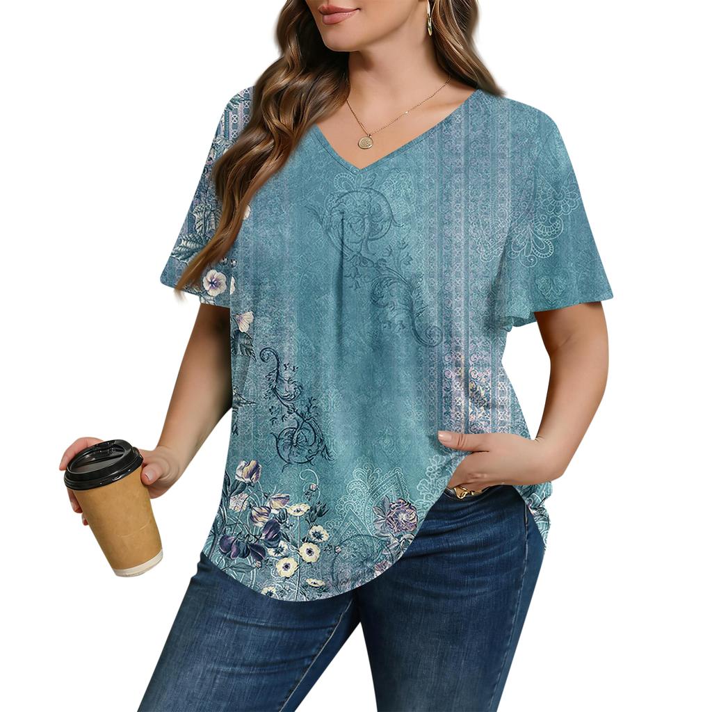 Blusa Casual de Moda para Mujer Talla Grande, de Corte Holgado, Manga Corta, Elegante Cuello en V, para el Trabajo
