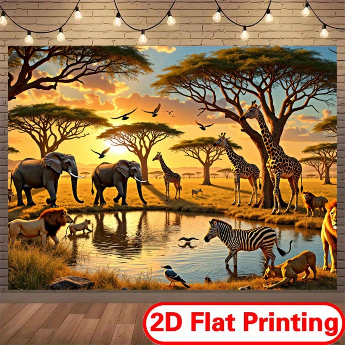 2D flat design 1-piece African savanna sunset wildlife banner suitable for birthdays and weddings 100x150cm