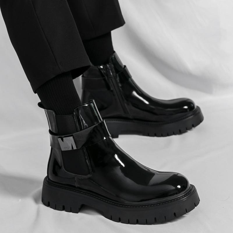 Men's Shiny Round Toe High Top Chelsea Boots with Zipper & Thick Sole - Autumn/Winter Fashion, British Motorcycle Style, Dr. Martens Inspired.