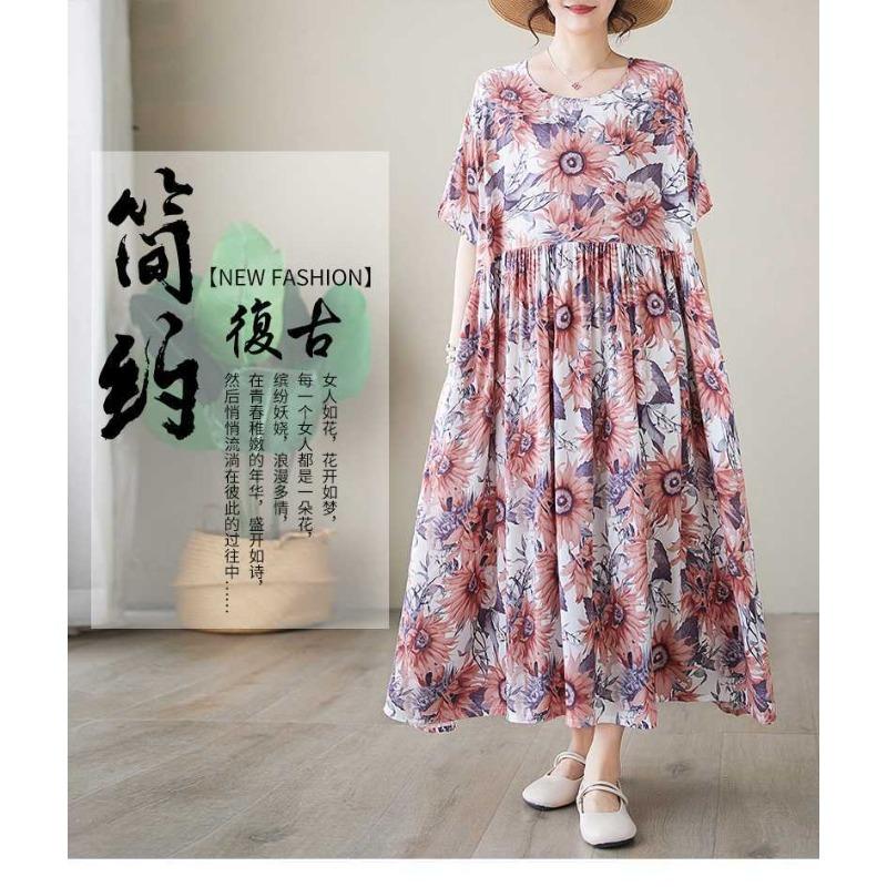 Einfache Mode Sommer Neu Vergrößerte Kurzarm Rundhals Bedruckte Kleider