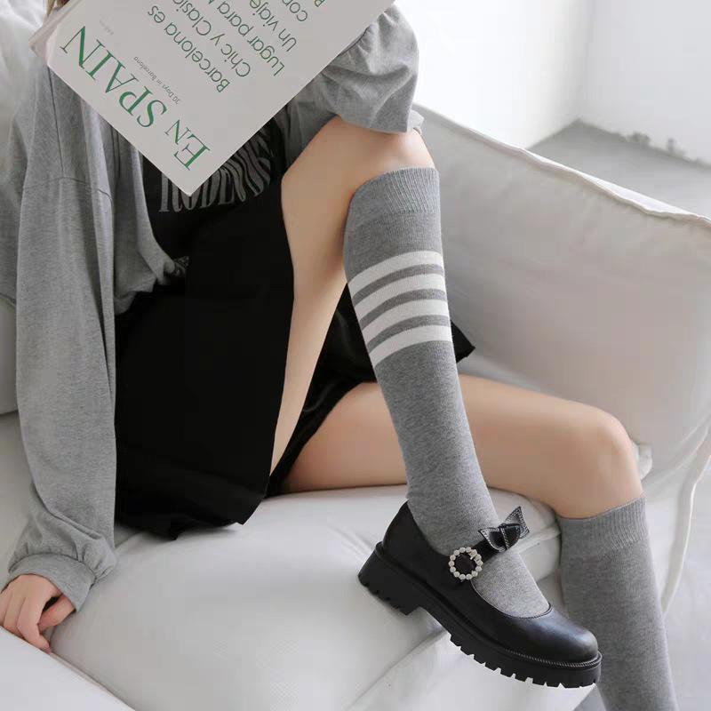 TB Four-Bar Grey Mid-Calf Cotton Women's Japanese Trendy Spring/Summer College Style Socks
