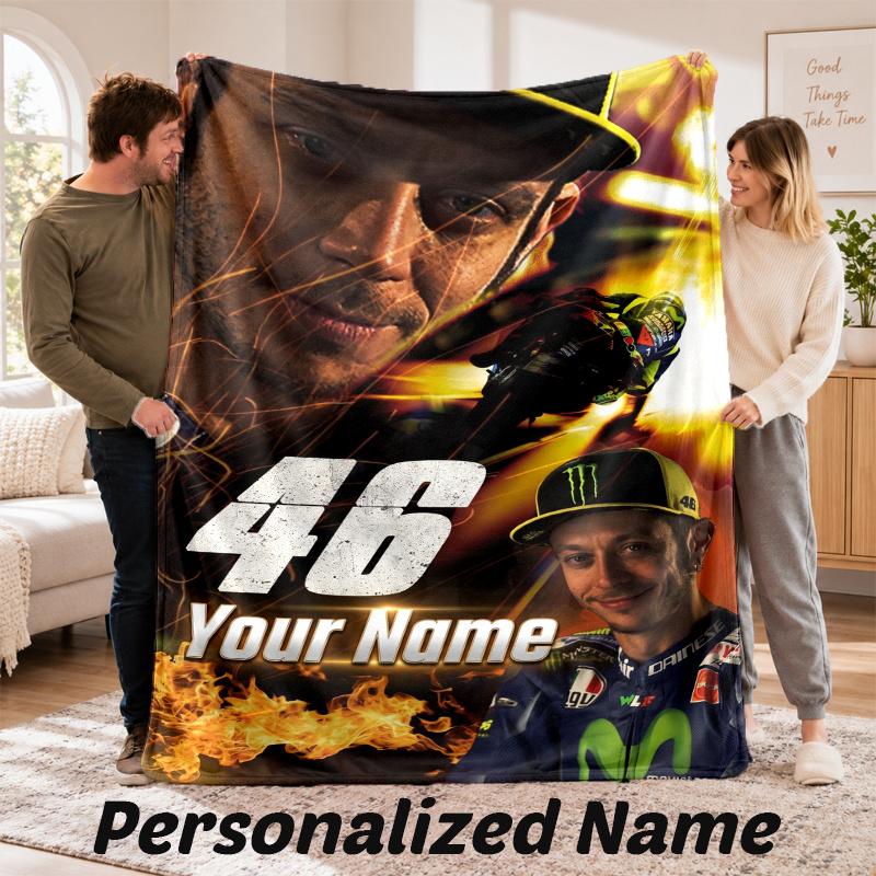 Custom Name Valentino Rossi Flannel Throw Blanket Personalized Text Soft Blanket Bed Sofa Gift