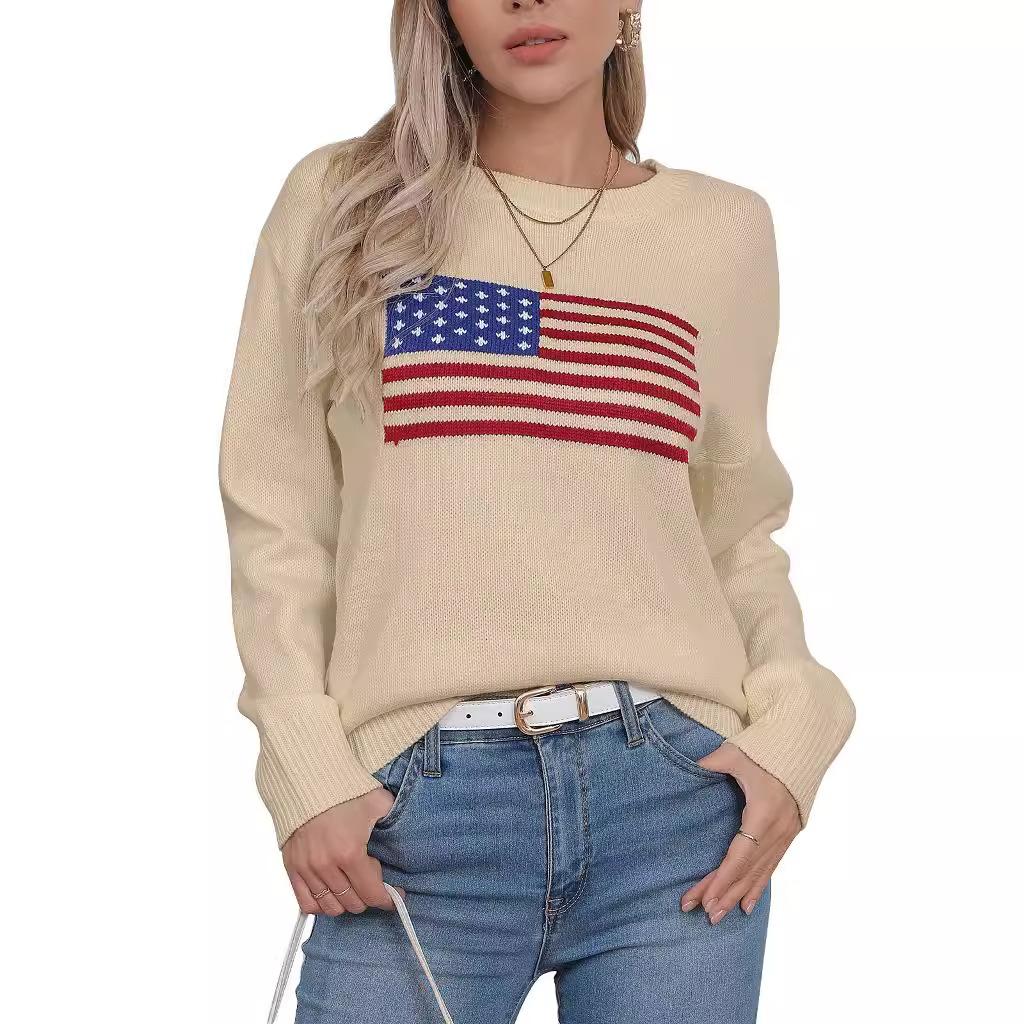 Autumn and Winter New Temu Hot Sale Crew Neck National Flag European and American Easter Independence Day Fashion Sweater Women