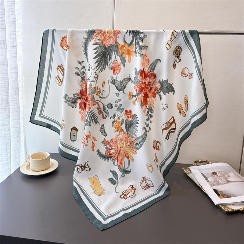 Flower Painting Imitation Silk Large Square Scarf Retro Printing Shawl Neck Silk Scarf Herringbone Women'S Scarf Headscarf