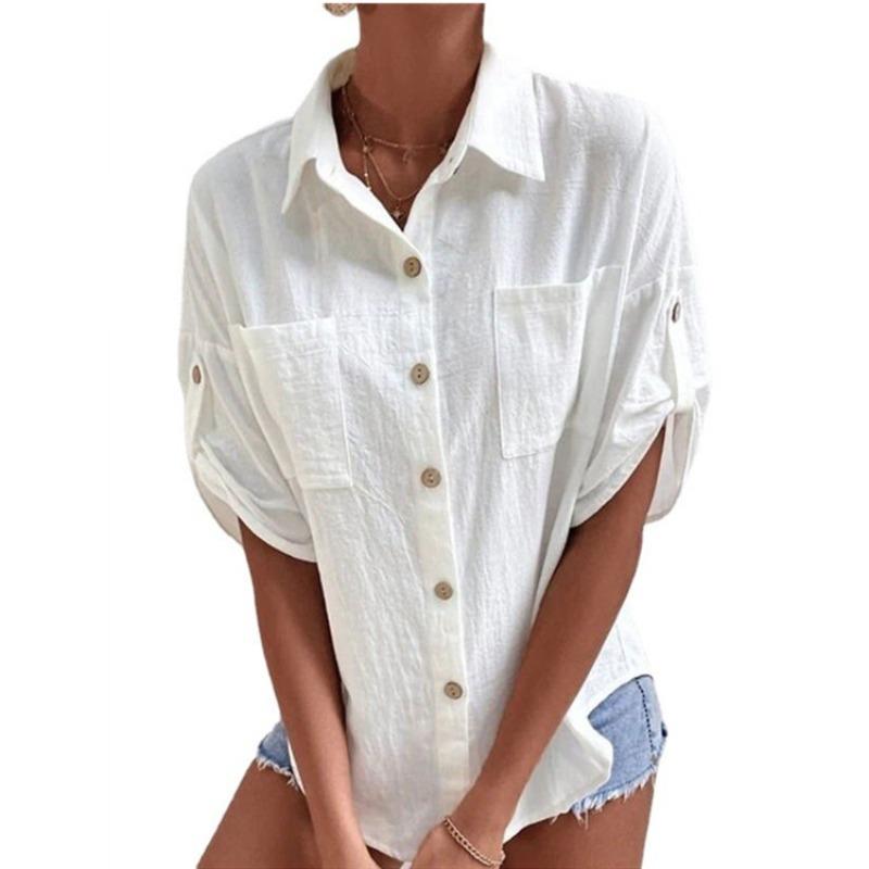 BITCED Women's Fashion Casual Solid Color Print POLO Neck Short Sleeve Blouses & Shirts