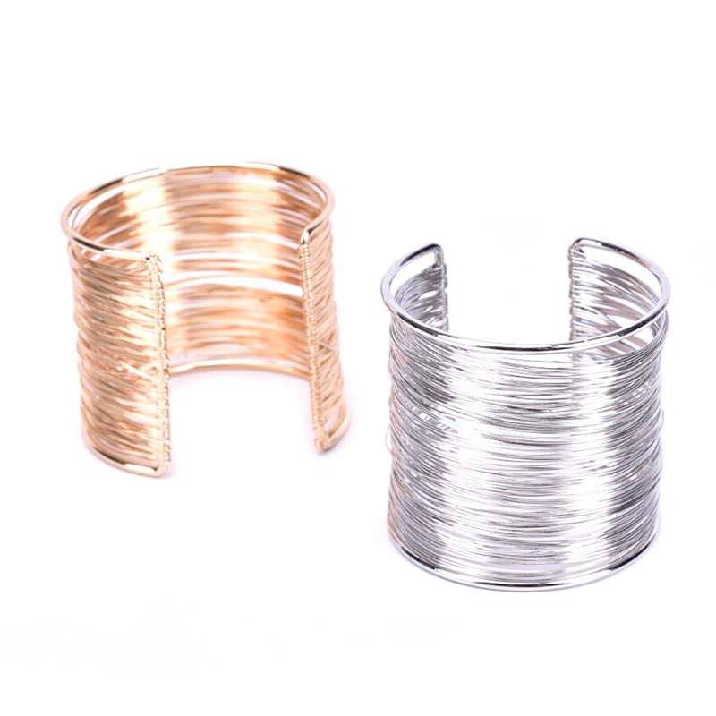 Women Multilayer Metal Wires Strings Open Bangle Wide Cuff Bracelet Jewelry