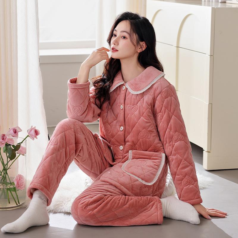 Pajamas Women'S Autumn And Winter Fleece Coral Fleece Winter Three-Layer Thin Cotton-Padded Warm Loungewear Set