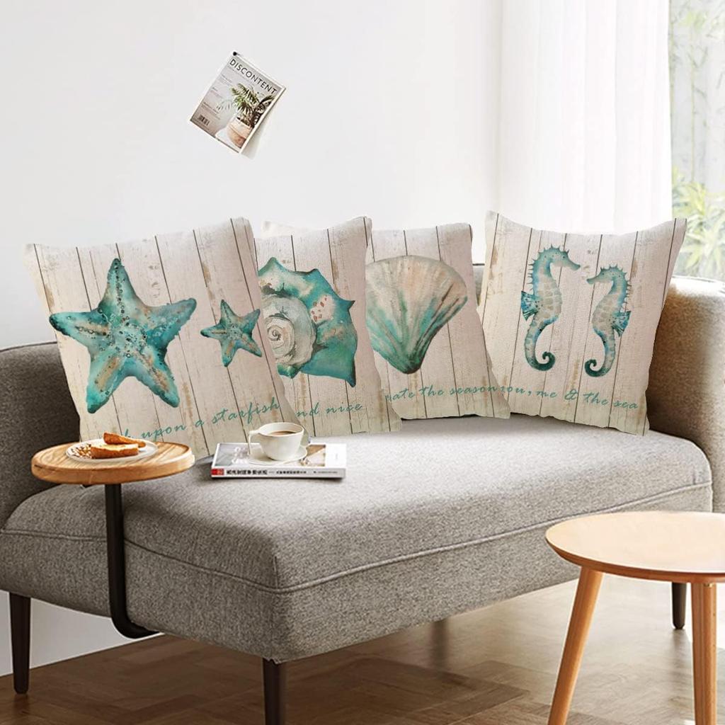 Sommer Ozean Thema Kissenbezüge Muschel Seestern Koralle Design Nautisch Küsten Dekorative Kissenbezüge Set aus 4