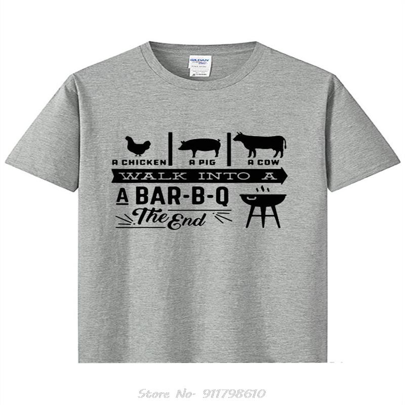A Chicken Pig Cow Walk Into Barbecue BBQ Funny T Shirts Men Summer Cotton Harajuku Short Sleeve O Neck Streetwear Black T-shirt