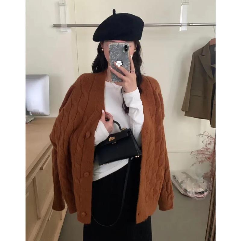 Twist Solid Color Sweater Jacket Women's Autumn and Winter New Thickened Loose V-neck Outer Wear Lazy Wind Knitted Cardigan