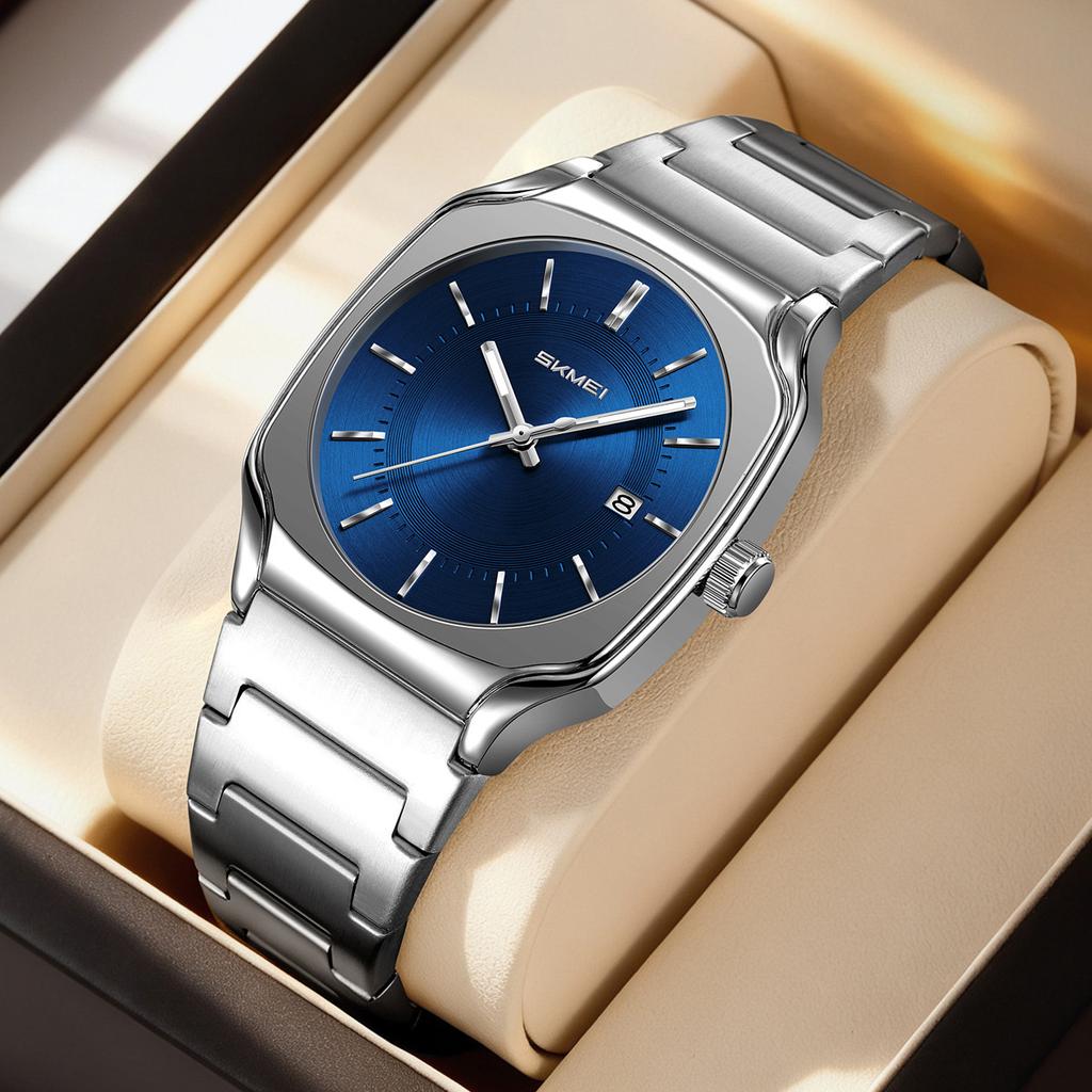 Mens Wristwatch Square Quartz Watches Waterproof, Date Function, Stainless Steel Band & Buckle