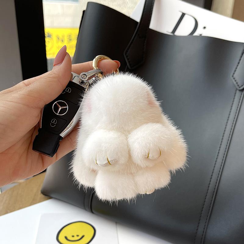 Cute Long Ear Bunny Keychain Real Mink Fur Rabbit Doll Pendant Toys Keyring Women Bag Charm Ornament Pompom Plush Jewelry Gifts