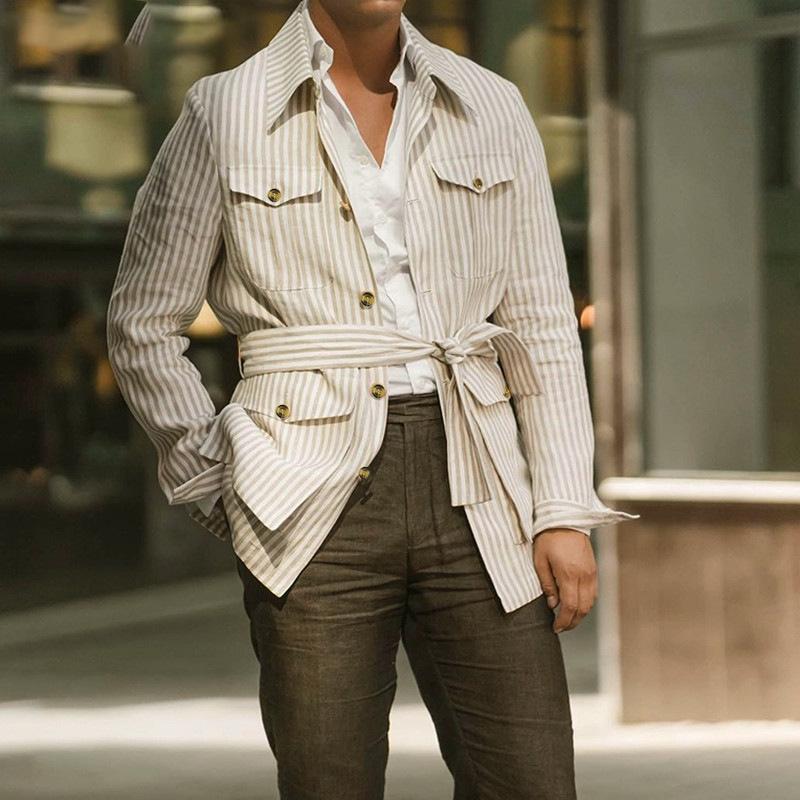 Spring and Autumn Men's Cardigan Striped Multi Pocket Long Sleeved Plus Size Casual Suit Jacket