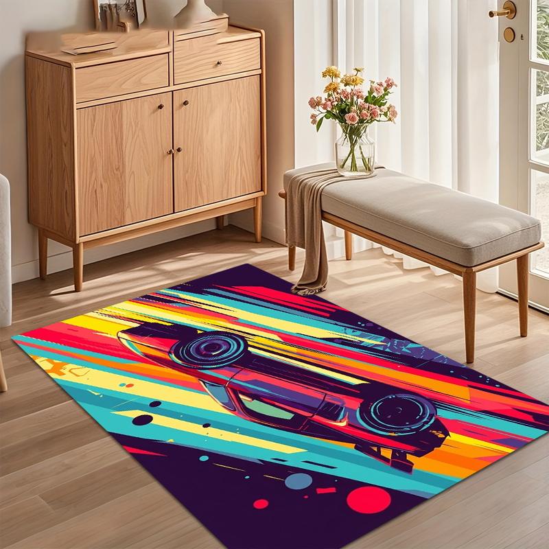 Bestseller Neon Racing Car Print Non Slip Area Rug Soft Washable Entryway Floor Mat for Living Room Bedroom Car Lover Decor