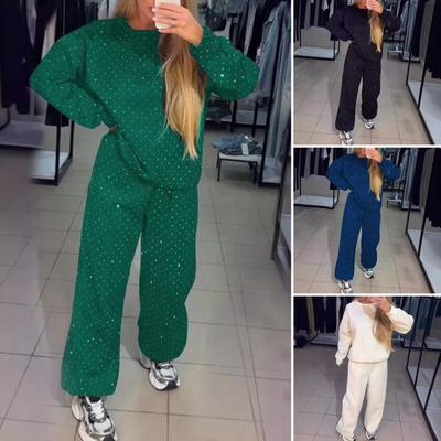 2 Pcs/Set Women Top Pants Suit Round Neck Long Sleeves Rhinestone