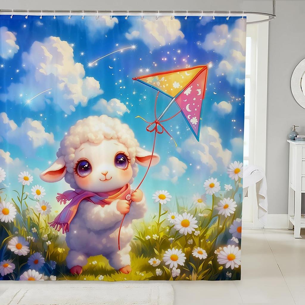 Cartoon Black Cat Shower Curtain Retro Pink Cherry Blossom Wild Flowers Bathroom Curtain Kids Teens Adults Cute Animal Vintage