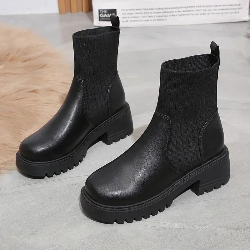 Large Size Women's Boots  New Fashionable Knitted Patchwork Fashion Boots Thick Sole Thick Heel Slimming Short Boots