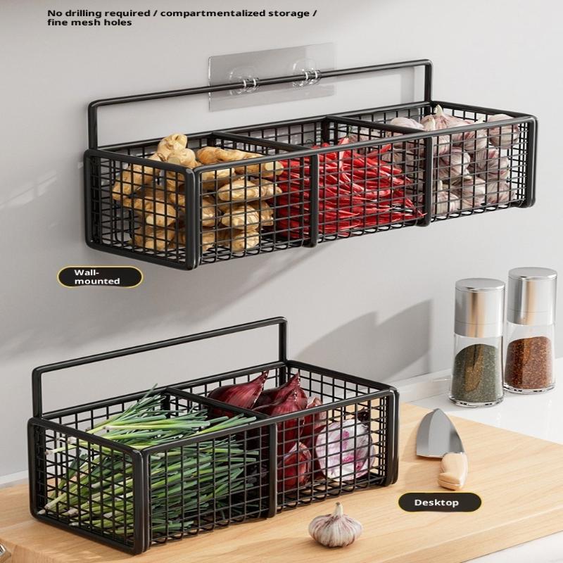 1/2/3 Grid Onion Ginger Garlic Kitchen Shelf Wall Hanging Condiments Spice Vegetable Fruit Storage Rack Drain Basket Punch-Free