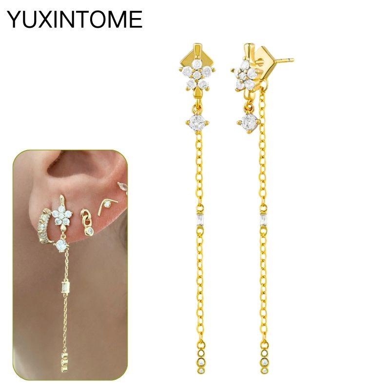 

925 Silver Needle Exquisite White Zircon Stud Earrings for Women Geometric Long Chain Tassel Earrings Luxury Jewelry