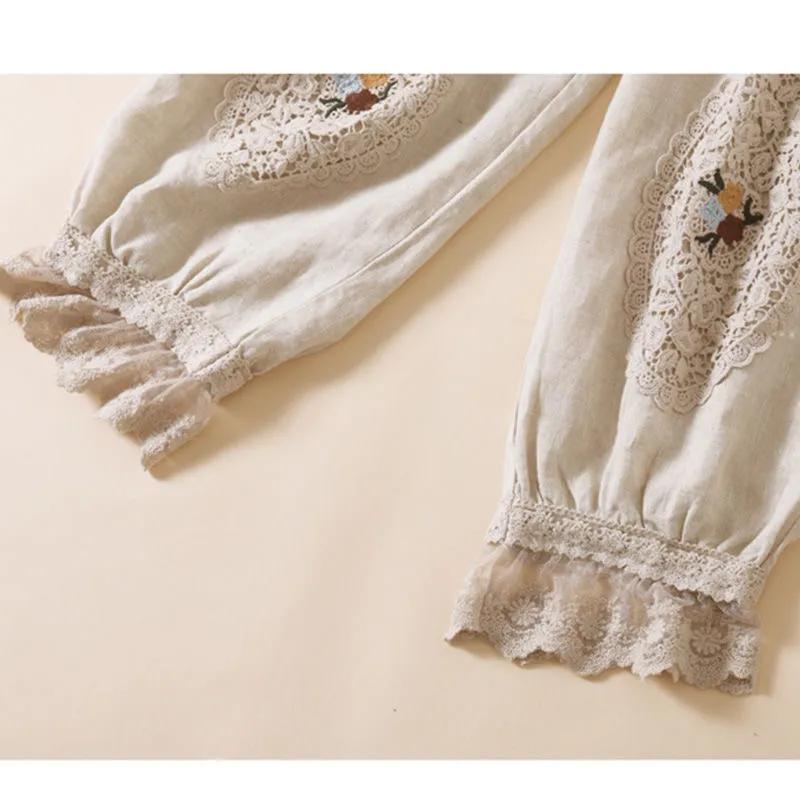 Women's Spring/Summer Vintage Embroidered Patchwork Lace Pants Japanese-Style Tapered Capri Pants
