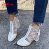 Fashion Aphixta Plus Size 43 Summer Breathable Sandals Boots Women Lace Air Mesh Crystals Transparent Square Heels Back Zipper Boots