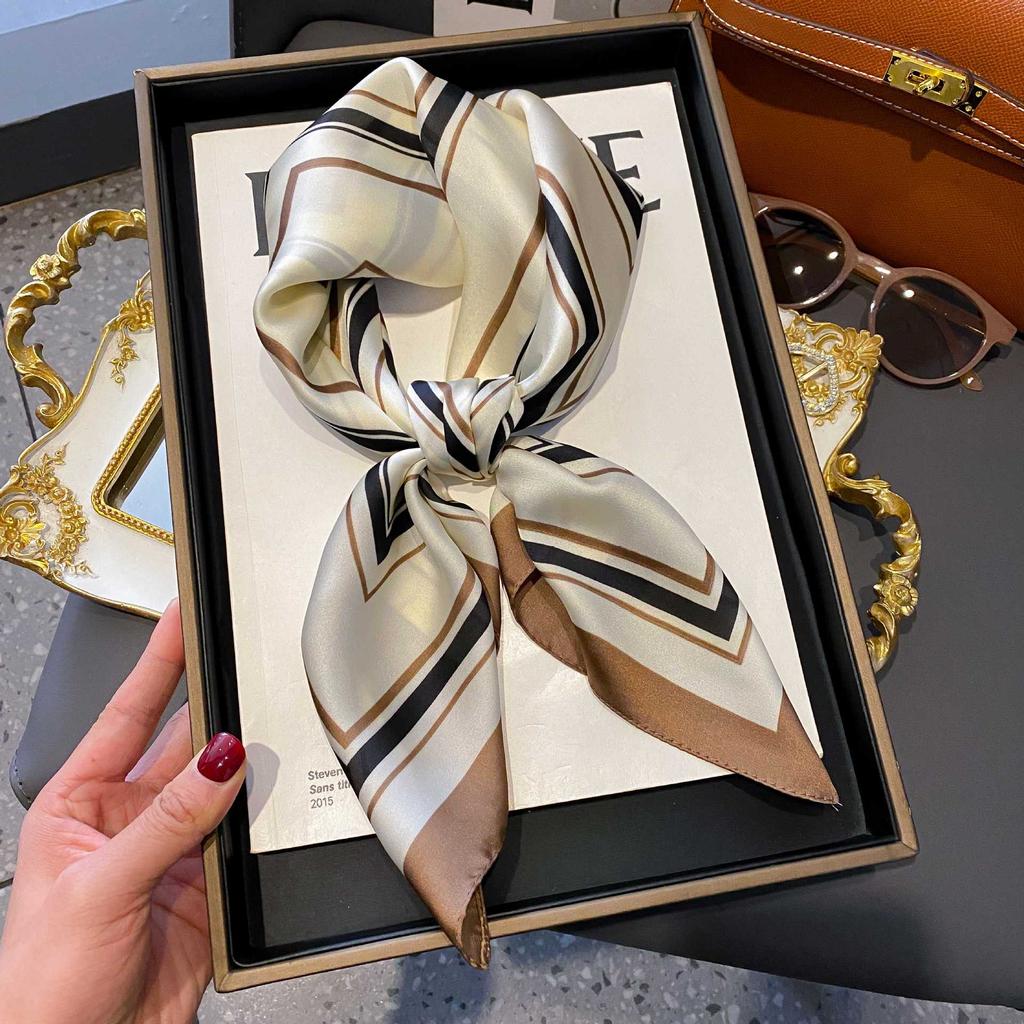 Luxury Imitation Silk Scarf Black And White Striped Head Wrap For Women Multifunction Silk Feeling Neckerchief