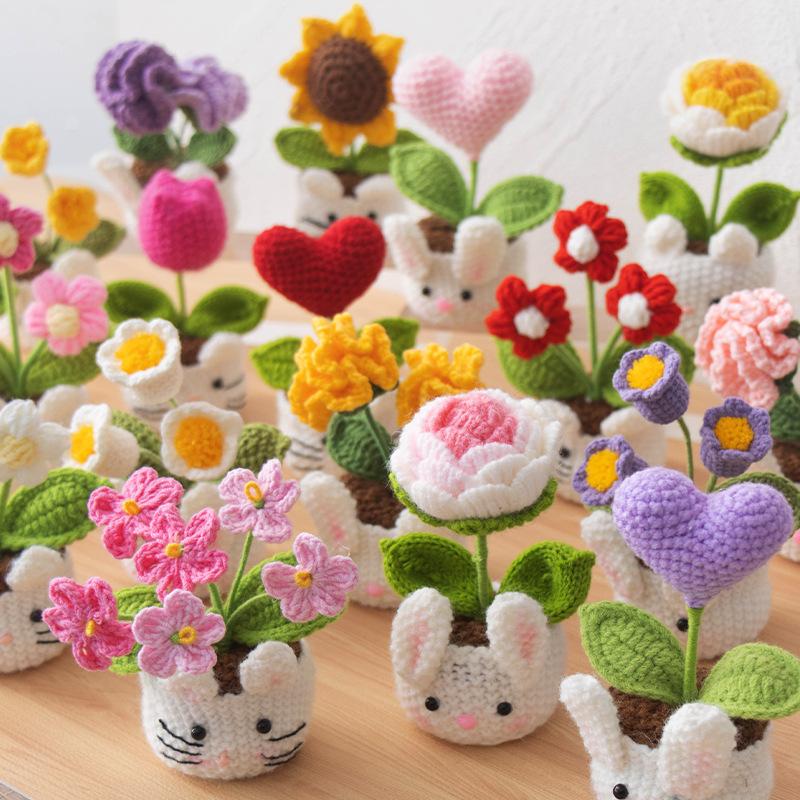 New Animal Crochet Flower Pot Cute Handwoven Flowers Knitting Flower Bookshelf Car Decoration Friends Gifts