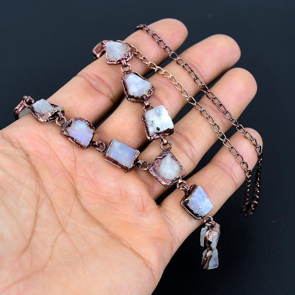 Rough Moonstone Handmade Gemstone Necklace, Copper Electroformed Necklace Antique Jewelry, Adjustable Chain Necklace Engagement Gift