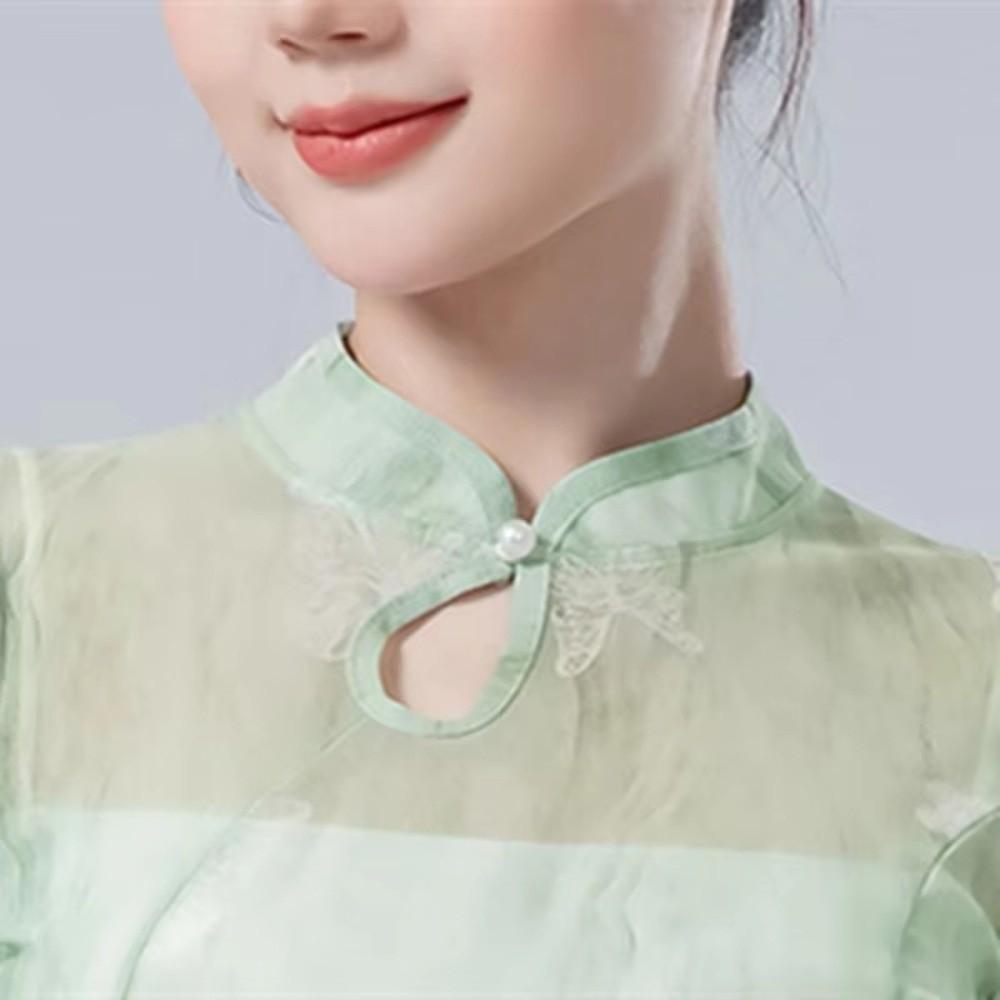 Cheongsam Neck Classical Dance Top Split Hem Dance Mesh Top Fashion Hanfu Blouse Women