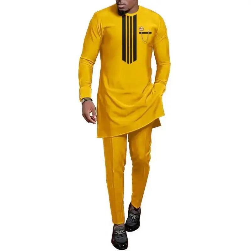 S-4XL Men Dashiki Long Clothes Shirt Trouser Set Mens 2 Pieces Outfit Suit Traditional Male Clothes T-shirt Pant Suits for Men
