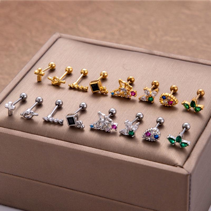 Henson Stainless Steel Double-Headed Zircon Butterfly Stud Earrings