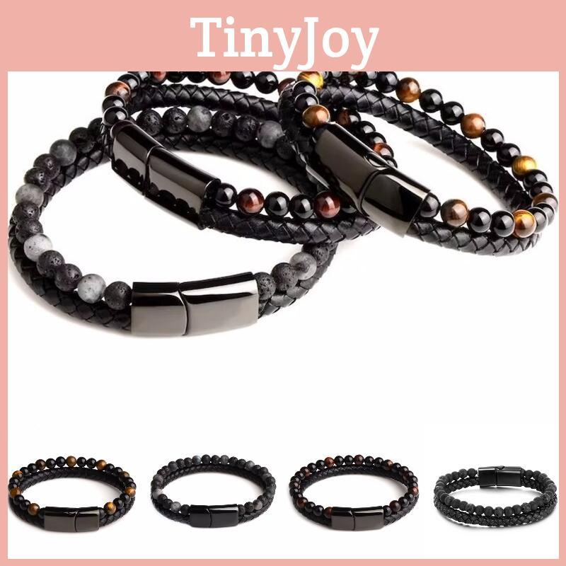 Double Men 21cm Layered Volcanic Stone Beaded Bracelet Alloy Leather Clasp