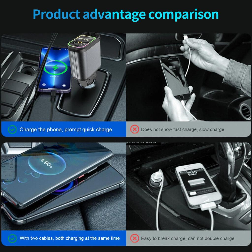 120W 4 IN 1 Retractable Car Charger USB Type C Cable For iPhone Samsung Super Fast Charging Cord Cigarette Lighter Adapter