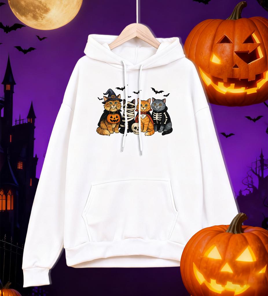 Dressed Kittens Enjoy Halloween Printing Men Hoodie Pocket All-Match Hoody Multicolor Casual Pullovers Autumn Fleece Clothing