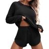 Damen Waffelstrick Pyjama Set Lässiges Langarm Oberteil und Shorts Nachtwäsche 2-teiliges Pjs Lounge Set mit Taschen