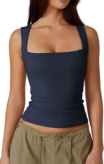 

European And American Women S Clothing Street Spice Girl Style Fashion Square Collar Basic Slim-Fit Sleeveless Vest Women S Bottoming Shirt S темно-синий