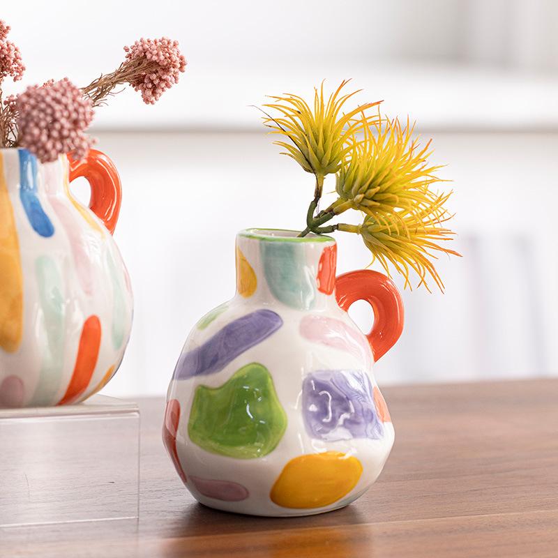 Colorful Cartoon Ceramic Vase Cute Teapot Handmade Porcelain Bottle Flower Vase Flowerpot Home Decoration Accessories