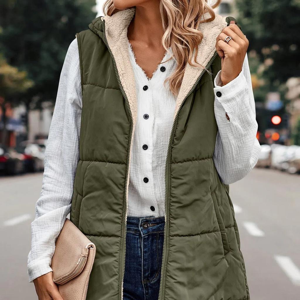 Womens 2025 Fall Reversible Vests Sleeveless Fleece Jacket Zip Up Hoodie Pockets Long Warm Winter Coat