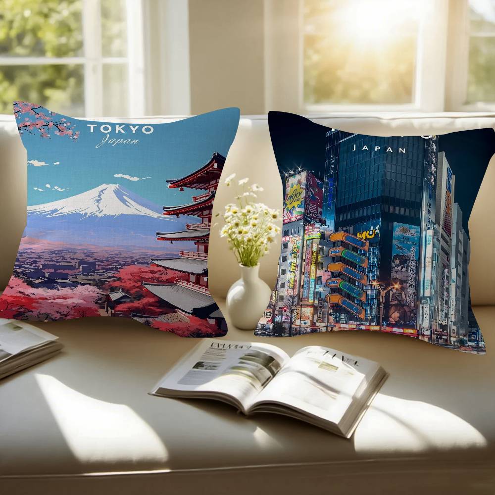 Vintage Japan Tokyo Japanese City Landscape Canvas Cushion Cover Pillow Cover Decor Pillowcase Printed Cushion Case For Couch