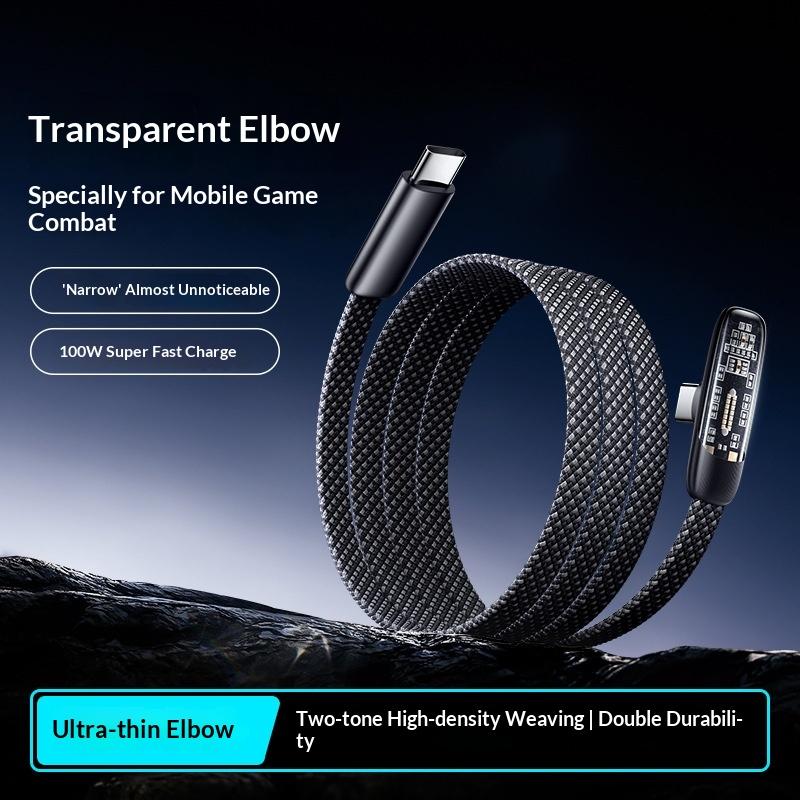 Cavi USB Type-C to C ad Angolo Retto 60W Ricarica Rapida ad Alta Velocità Linea Dati Piatta Intrecciata in Nylon Gomito a 90 Gradi Cavo USB-C