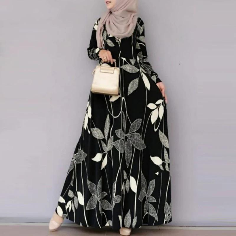 Cross-border 2025 Bohemian Floral Print Muslim Women's Sundress with Long Sleeves and Big Swing