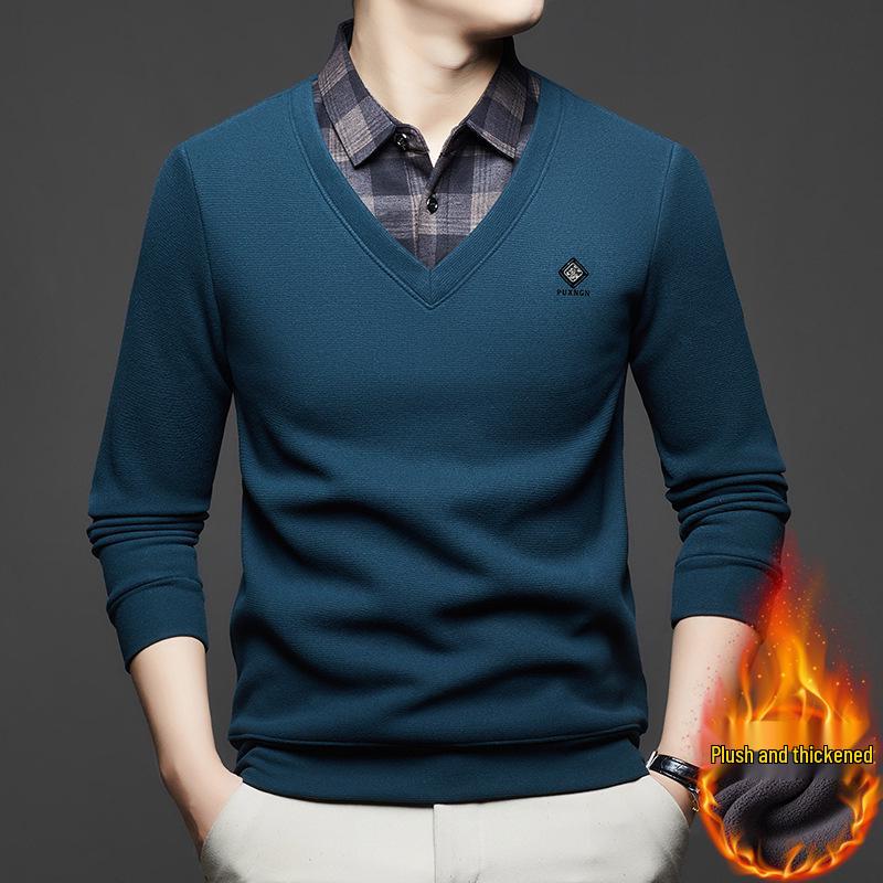Plus Size Men's Thick Knit Sweater, Velvet Lined, Two-Piece Look, Middle-Aged Loose Fit