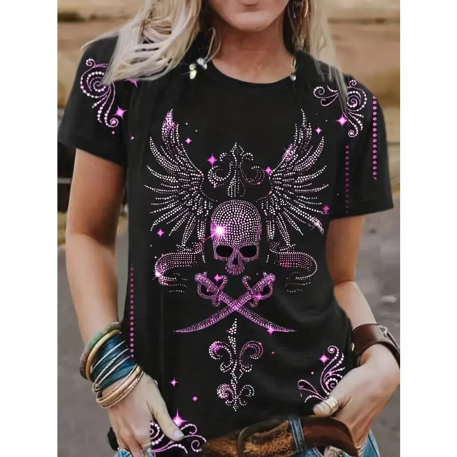 2024 Women's Casual Crew Neck Printed 3D Skull Pattern T-Shirt Summer Fashion Breathable Refreshing High Quality Short Sleeves