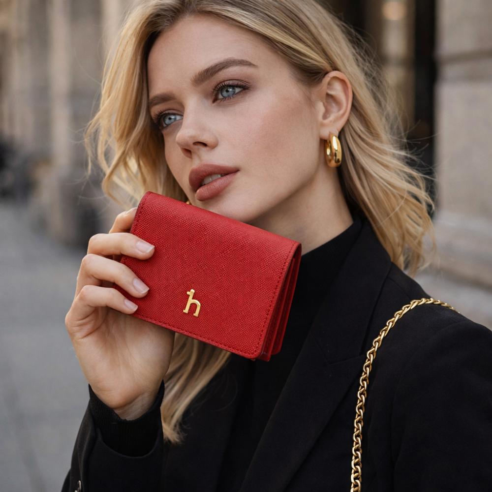 HAZZYS [Steady Seller] Vivid Red Solid Cowhide Bifold Wallet